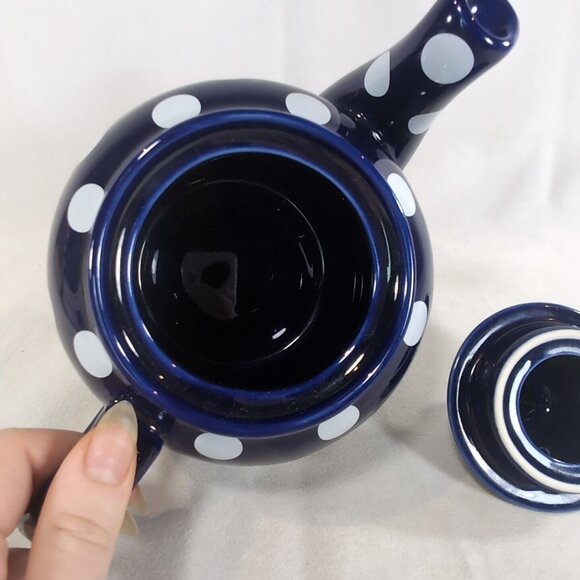 London Pottery Navy Blue White Polka Dot Teapot Lid Ceramic Dot Globe 6 Cup Tea - Picture 7 of 12